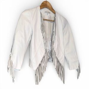 Rebecca Minkoff White Lambskin Leather Fringe Moto Jacket Small